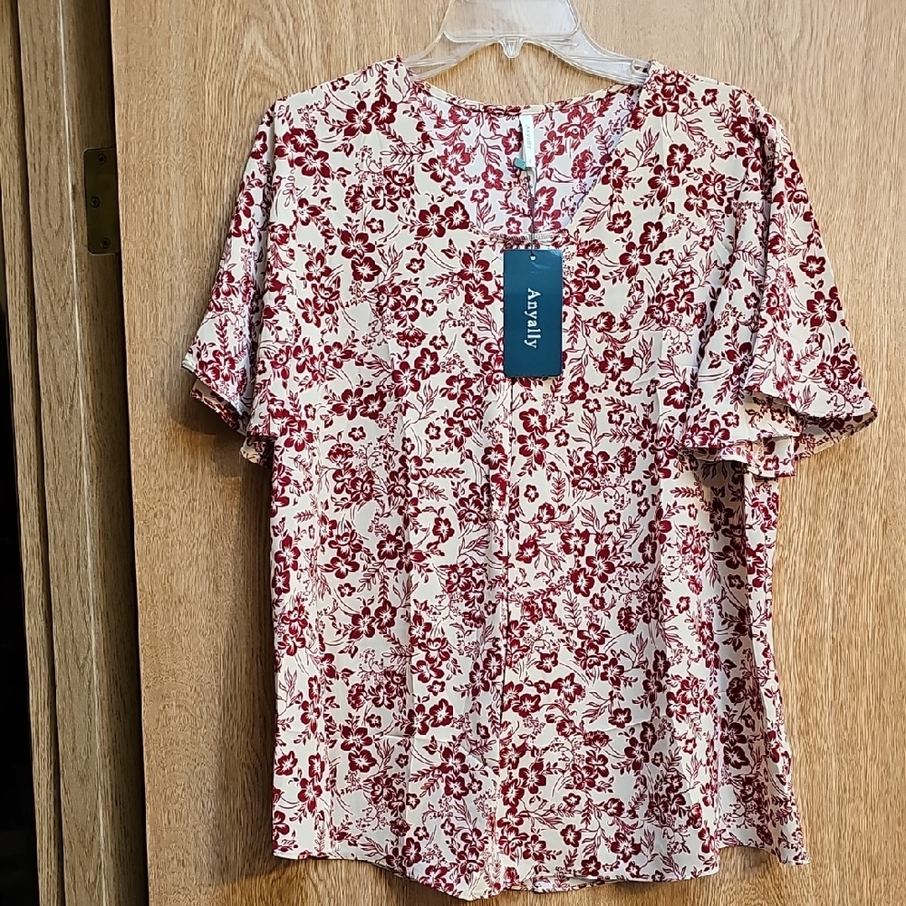 A New Day Women's Blouse - Cream and Red Floral